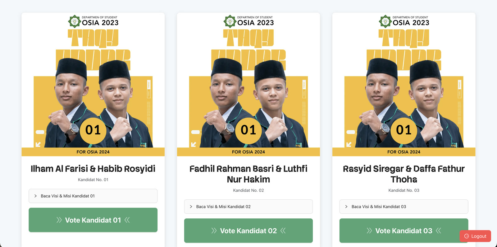 Tiga kartu pasangan kandidat OSIA dengan poster, nama, tombol Baca Visi dan Misi, dan tombol Vote Kandidat
