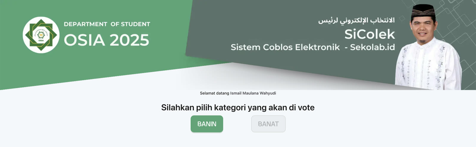 Halaman pilih kategori SiColek: sapaan Selamat datang, tombol BANIN aktif dan tombol BANAT nonaktif