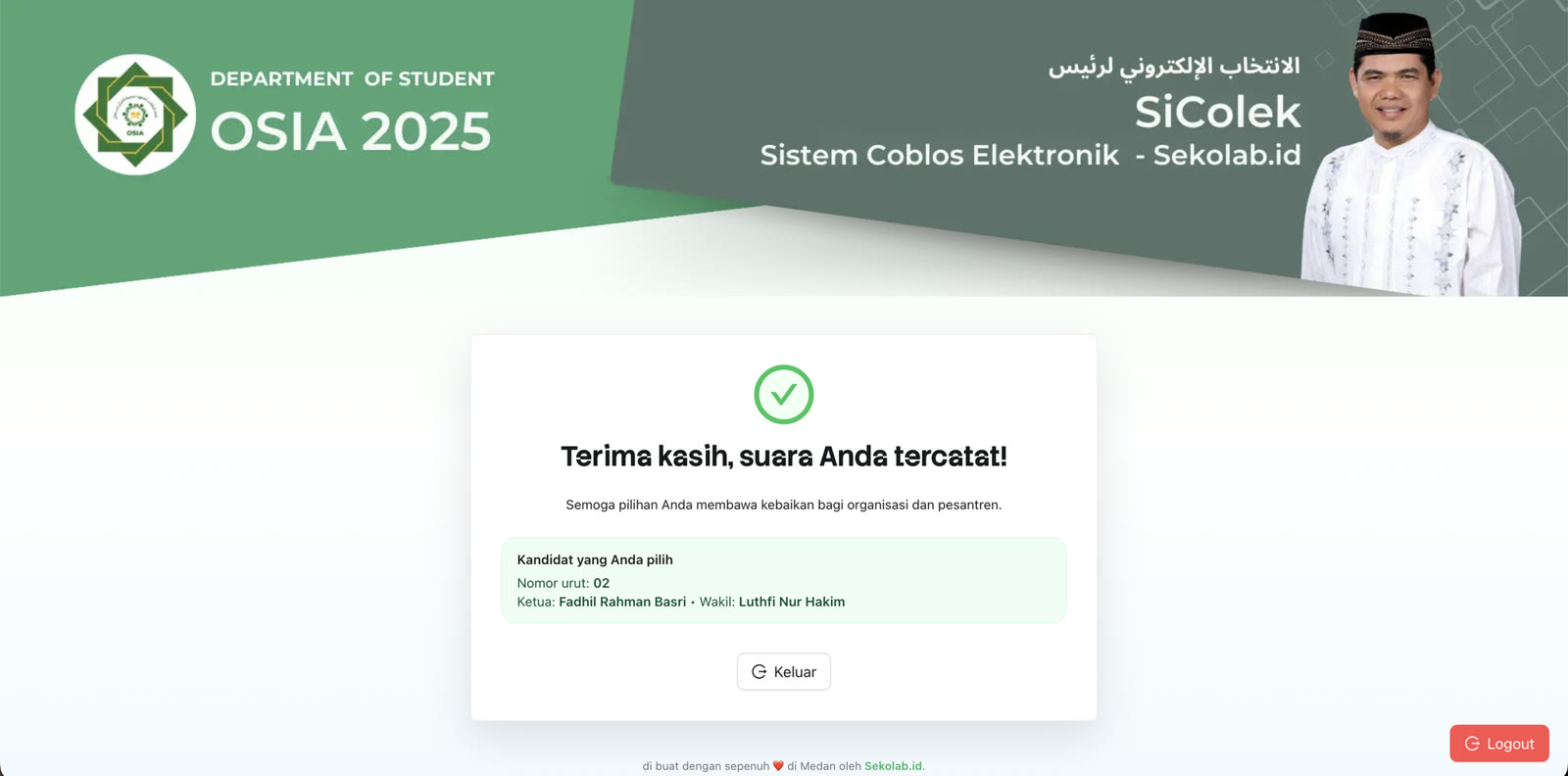 Halaman Terima kasih, suara Anda tercatat dengan ringkasan kandidat yang dipilih dan tombol Keluar